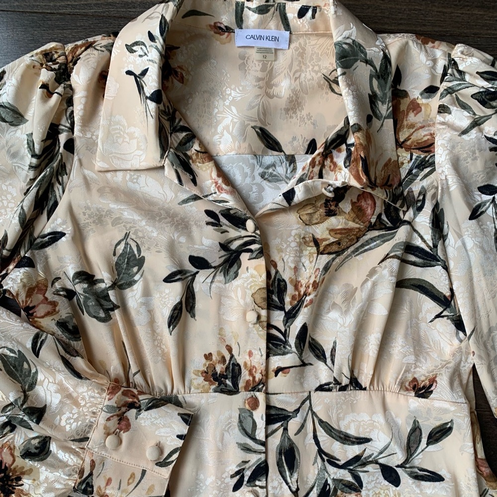 Calvin Klein Satin Peach Floral Midi Dress